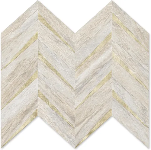 Miniatura 11 de STICKGOO 10 hojas de azulejos en espiga para despegar y pegar, mármol Calacatta mezclado con PVC dorado claro para salpicaderos, azulejos de pared