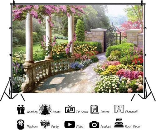 Miniatura 2 de Telón de fondo de 5 x 3 pies para fotografía de jardín primaveral hermoso, arquitectura vintage de jardín, pilares, flores en flor, fondo