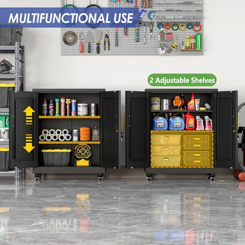 Miniatura 4 de Armario de almacenamiento de metal de 35.4 pulgadas con ruedas y puertas de bloqueo y armario de herramientas alto de acero rodante con 2 estantes