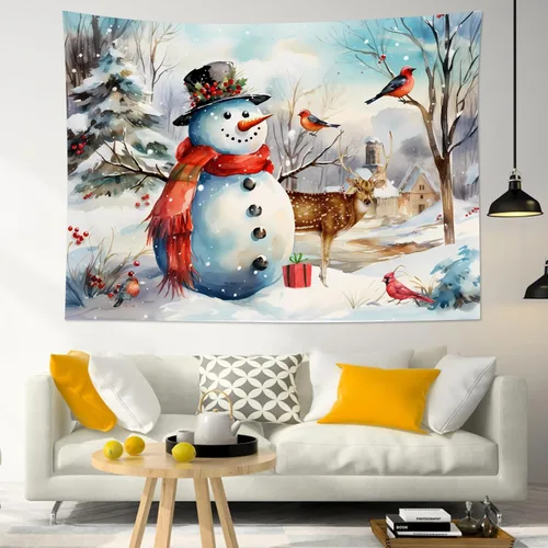 Miniatura 3 de LB Tapiz navideño de muñeco de nieve, bosque de pinos de invierno con ciervos cardenales, tapiz de pared para dormitorio, tapiz colgante de pared