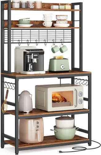 Miniatura 11 de VASAGLE Estante de panadería con toma de corriente, soporte para microondas, estante de almacenamiento alto de cocina, con panel de alambre