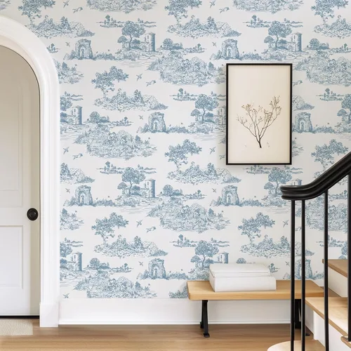 Miniatura 3 de WENMER Toile de Jouy - Papel de contacto Toile de Jouy, papel tapiz azul y blanco, papel adhesivo vintage de país francés para dormitorio, sala