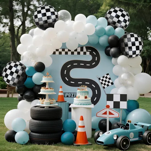 Miniatura 5 de Paquete de Globos de Coche de Carreras Globos a Cuadros Azules y Negros de Látex para Niños Un Feliz Primero, Segundo, Vintage, Dos, Rápidos, Un