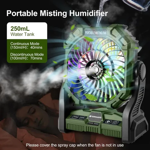 Miniatura 3 de Odoland Ventilador de camping portátil con linterna LED, ventilador de niebla recargable con batería de 20000 mAh con luz, tanque de agua de 8.5 fl