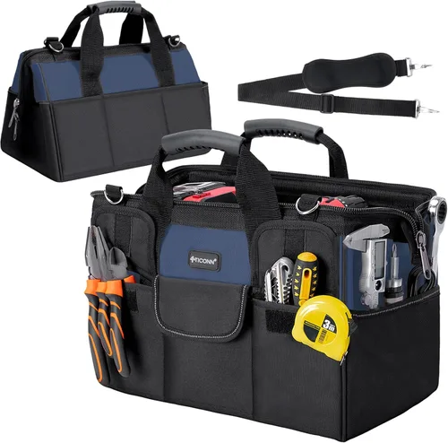 Miniatura 18 de TICONN Bolsa de herramientas resistente con múltiples bolsillos, organizador de caja de herramientas portátil, bolsa de almacenamiento, con correa