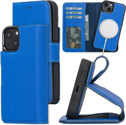 Bayelon Funda para iPhone 13, funda de cuero de grano completo, [2 en 1] Cartera magnética desmontable para teléfono, funda abatible con ranuras