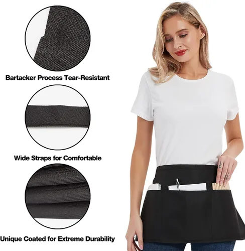 Miniatura 4 de DUSKCOVE Paquete de 12 delantales de servidor con 3 bolsillos, medio delantal para camarera para mujeres y hombres, resistente al agua con correa