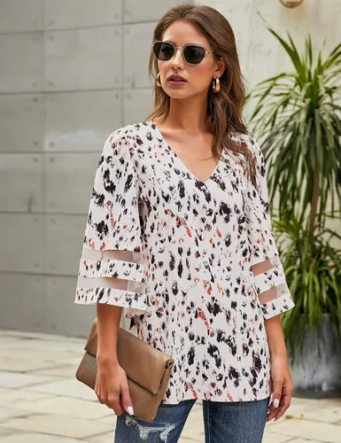 Miniatura 3 de LookbookStore - Camisa para mujer, estampada, con cuello en V, mangas 34 acampanadas con paneles de malla