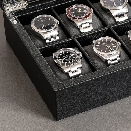 Miniatura 8 de ROTHWELL Caja de reloj de cuero con 10 ranuras, organizador de joyas de lujo, soporte para reloj con tapa de cristal grande, organizador de caja