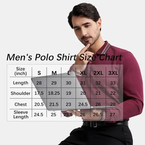 Miniatura 6 de Polo de piqué para hombre, manga larga, con punta de mezcla de algodón, casual, con cuello, ajuste clásico