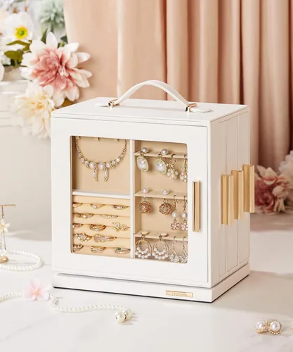 Miniatura 2 de Homde Joyero de regalo de Navidad con rotación de 360, organizador de aretes y collar con ventana transparente, espejo, 7 cajones, estuche
