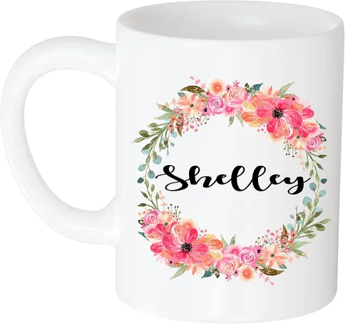 Taza de café personalizada – Regalo para mujeres, nombre personalizado Shelley Flower and Name 11oz White Mug 758527