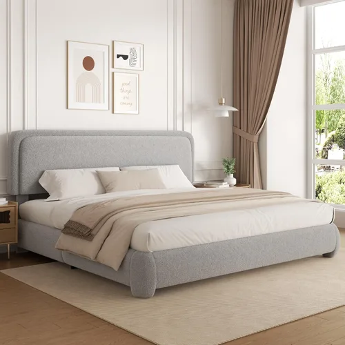 Miniatura 21 de Base de cama de tamaño Full con tapizado de bouclé, plataforma tapizada con cabecera, anticolisión con esquinas redondeadas suaves, no requiere