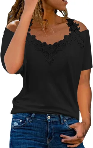 Camisetas de manga corta con cuello en V para mujer, con encaje y hombros descubiertos, con estampado floral, estilo casual, holgada, tipo túnica