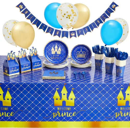 BLUE PANDA Kit de decoración de baby shower de 219 piezas, tema del príncipe real y decoración de fiesta del príncipe, vajilla desechable y globos