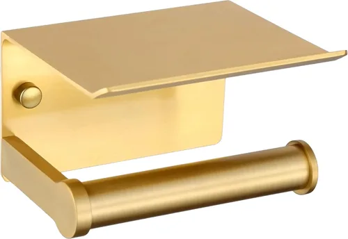 YOUDA Soporte de papel higiénico dorado con estante de montaje en pared, autoadhesivo, sin taladro ni tornillo, aluminio resistente al óxido, ahorro