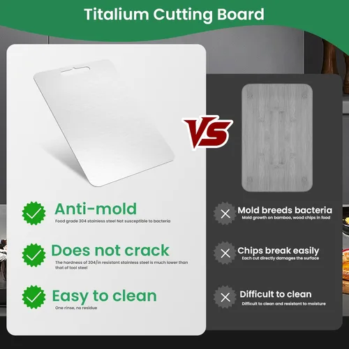 Miniatura 6 de Tabla de cortar de titanio para cocina, tabla de cortar de acero inoxidable de grado alimenticio, fácil de limpiar, duradera y de grado alimenticio