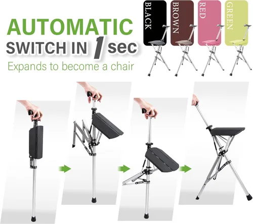 Miniatura 3 de STEP2GOLD Silla Ta-Da, bastón de senderismo portátil, plegable con asiento, bastón de caminata con silla, silla plegable, aluminio ligero, fácil