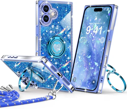 Miniatura 26 de XYZ Funda para iPhone 13, con purpurina brillante con soporte de corazón de 2 anillos y cordón, funda protectora a prueba de golpes con diamantes
