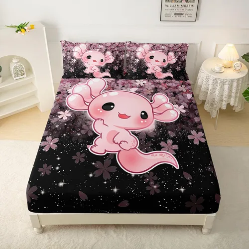Miniatura 3 de QOOMO Ropa de cama Kawaii Axolotl para niños y niñas, diseño de flor de cerezo rosa, juego de ropa de cama súper suave para niños, con estrellas