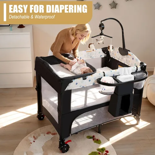 Miniatura 3 de Corral de bebé de altura ajustable 4 en 1, centro plegable para guardería con caja de música, estante de juguetes, almacenamiento lateral, Estrella