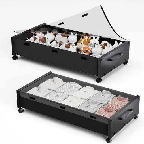 Miniatura 16 de KITHELP Almacenamiento de madera debajo de la cama con ruedas, contenedores de almacenamiento rodantes debajo de la cama con tapa extraíble, cajones