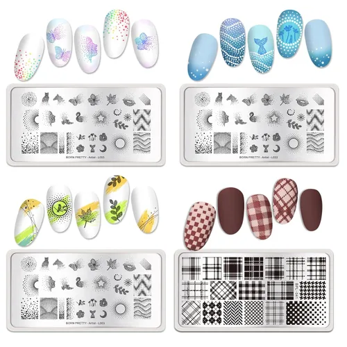 Miniatura 6 de Born Pretty Juego de placas de estampado de uñas, flores a cuadros, hojas, encaje, placas de imagen de arte de uñas de primavera a invierno, kit