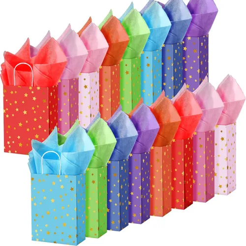 Miniatura 7 de Pajean Paquete de 32 bolsas de regalo de fiesta con temática de estrellas con asa, mini bolsas de regalo de papel kraft con pañuelos, suministros
