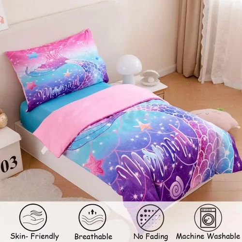 Miniatura 2 de ZRNBAST Juego de ropa de cama de sirena para niños pequeños, juego de edredón de escamas de pez de 4 piezas para dorados, color morado y azul, cama