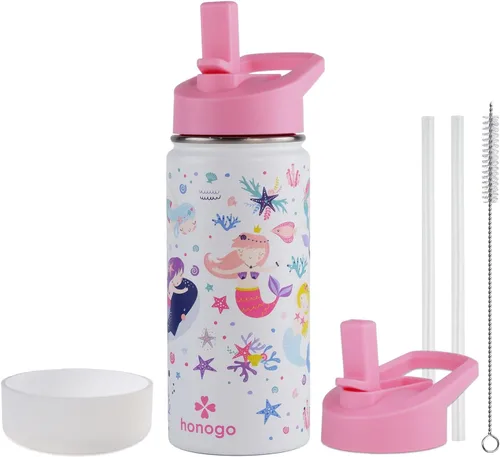 Miniatura 7 de Botella de agua para niños con aislamiento de acero inoxidable de 16 onzas, a prueba de fugas, termo de metal con tapa con pajilla, bonito vaso