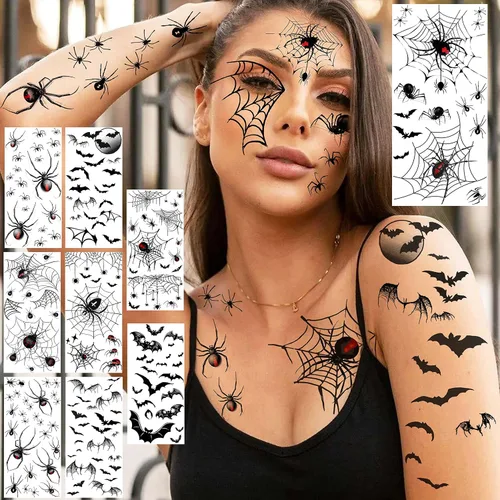 Miniatura 8 de VANTATY 9 hojas de calcomanías de tatuaje de telaraña de Halloween, manga temporal de tatuaje de murciélago medio brazo para mujeres, hombres, Negro