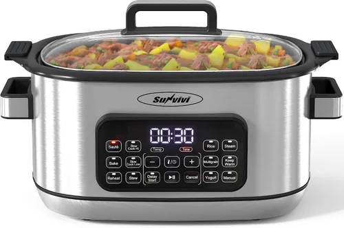 Sunvivi Horno Asador de Cocción Lenta Multi 12 en 1, 6.5QT Plateado Digital Programable con Rejilla, Recipiente Antiadherente Grande Extraíble, Tapa