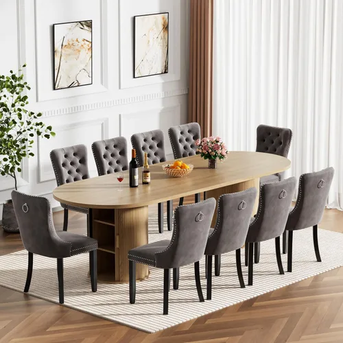 Miniatura 38 de Mesa de comedor redonda extensible de 94 pulgadas con base de almacenamiento, mesa de comedor expandible natural para 10, mesa de comedor de madera