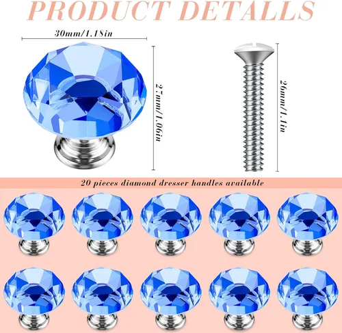 Miniatura 2 de Jetec 20 piezas tiradores de cristal para cajones pomos de gabinete 30mm pomos de diamante para aparador para cajones de aparador cocina estantería