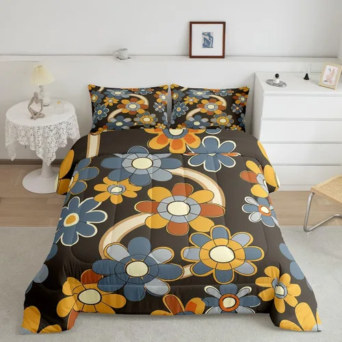 Miniatura 34 de Lindo juego de edredón de flores para niños y mujeres. Juego de ropa de cama de flores coloridas de dibujos animados, tamaño individual, bonito