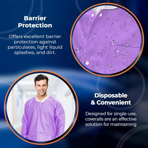 Miniatura 4 de EZGOODZ Abrigos de laboratorio desechables para adultos, morado, mediano, 43 pulgadas de largo, 50 GSM SMS, longitud a la rodilla con cierre a