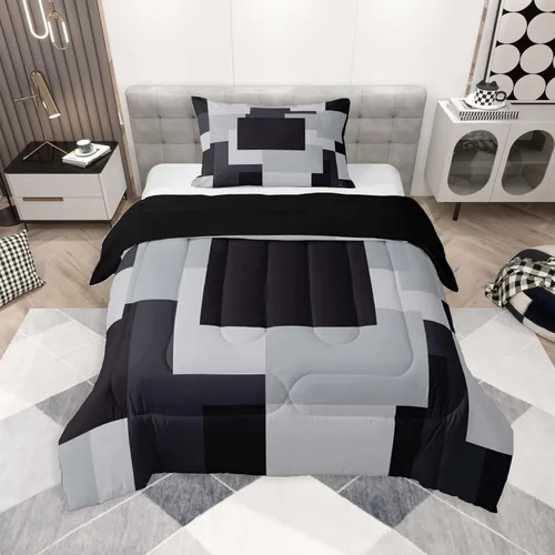 Miniatura 13 de jejeloiu Juego de edredón geométrico para niños, tamaño individual, diseño de rayas de color negro, blanco y gris, juego de ropa de cama decorativo
