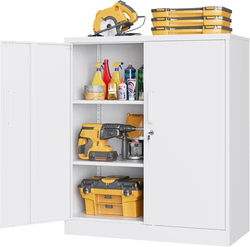 Miniatura 36 de Armario de almacenamiento de metal, archivador alto con 2 estantes ajustables y cajón, gabinete de herramientas de acero con cerradura para oficina
