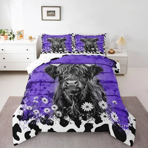 Miniatura 18 de Erosebridal Highland Cow - Juego de edredón tamaño matrimonial, juego de ropa de cama de toro de cuerno largo occidental para niños y adultos, Verde