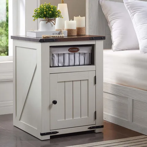 Miniatura 10 de IFGET - Mesita de noche con estación de carga, mesa auxiliar de 20" estilo granja con puerta de granero, mesa de sofá rústica de madera para cama