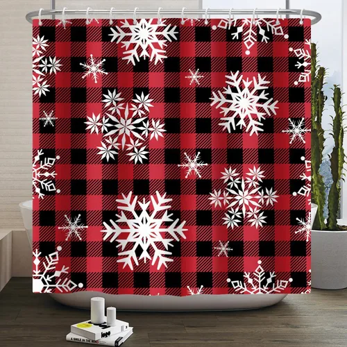 Miniatura 7 de Cortina de ducha con diseño de copo de nieve, rojo, negro, búfalo a cuadros, Navidad, blanco, nieve, invierno, decoración de baño, retro, rústico