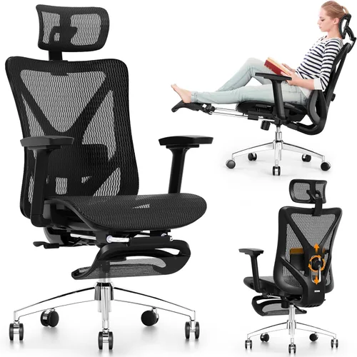 GABRYLLY Silla de oficina ergonómica con reposapiés, silla de escritorio reclinable de 135° con soporte lumbar ajustable, reposabrazos 3D, Negro