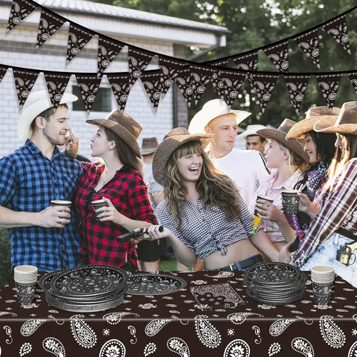 Miniatura 7 de 123 piezas de decoraciones de fiesta de vaquero occidental para 30 invitados, juego de vajilla desechable con platos, tazas, servilletas, pancartas