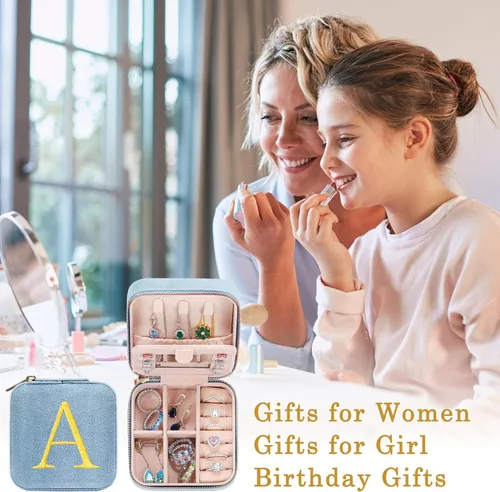 Miniatura 7 de Parima Regalos de cumpleaños para mujeres y niñas, estuche organizador de joyería de viaje de terciopelo de felpa, inicial, pequeño, azul, artículos