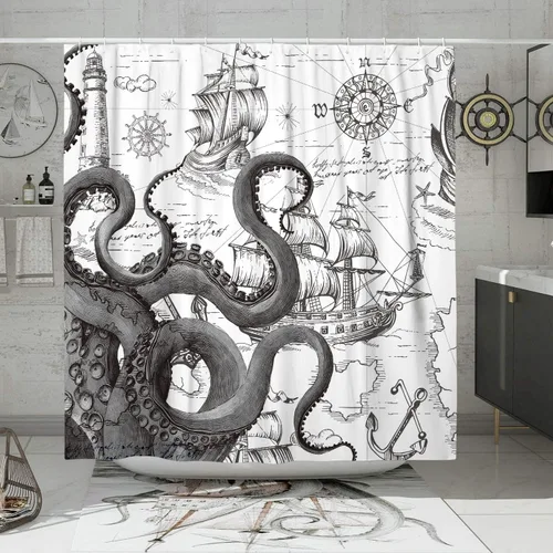 Miniatura 10 de Juego de cortina de ducha pequeña de pulpo náutico azul, divertidas cortinas de ducha estilo kraken de océano para baño, decoración de mapa pirata