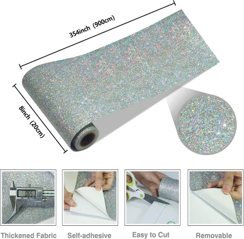 Miniatura 6 de CRE8TIVE Borde de Papel Tapiz Holográfico Plateado con Purpurina Despegar y Pegar Bordes de Pared Adhesivos Papel Tapiz Plateado con Purpurina