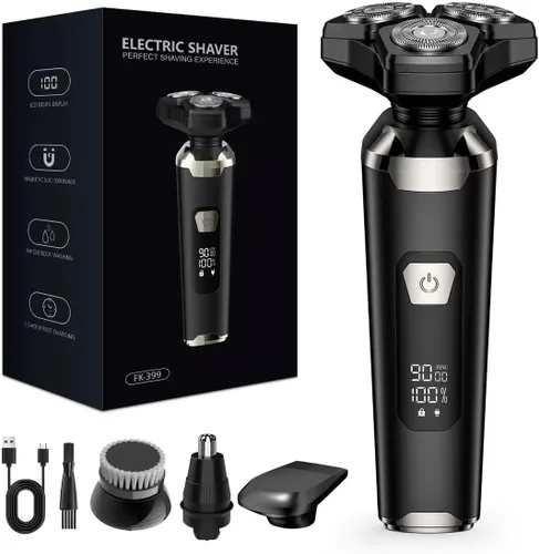 Maquinilla de afeitar eléctrica 4 en 1 para hombres, cabezales flotantes magnéticos, pantalla LED, IPX7 impermeable, bloqueo de viaje y recortadora