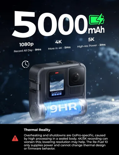 Miniatura 3 de Re-Fuel Paquete de batería extendida de 9 horas para GoPro Hero 13 12 11 10 9 Negro, Banco de energía recargable a prueba de polvo y agua de 33 pies