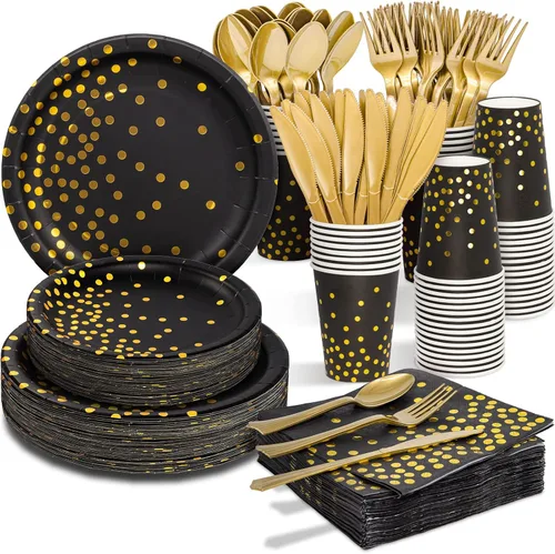 Miniatura 10 de Suministros de fiesta rosa y dorado, juego de vajilla desechable de 350 piezas con platos de papel rosa, servilletas, vasos, juego de cubiertos