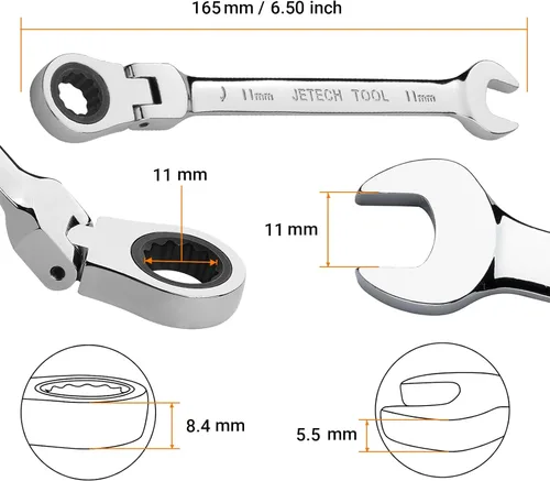 Miniatura 2 de Jetech 11mm Juego de Llaves de Trinquete con Cabeza Flexible: Llave de Caja de 12 Puntos Juego de Combinación de Trinquete Métrico de Cromo
